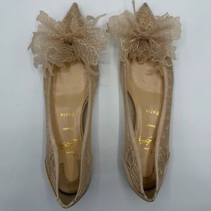 New Christian Louboutin Beige Ivory Satin Chantilly Lace Tulle Bow Flats EU 40
